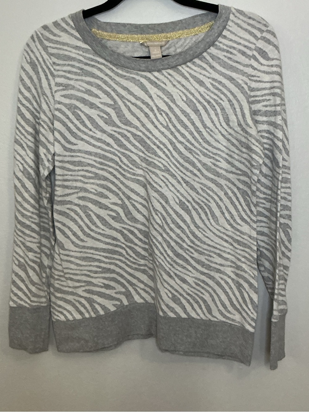 Banana Republic Cotton Light Gray and White Zebra-Print Crewneck Sweater Size SM